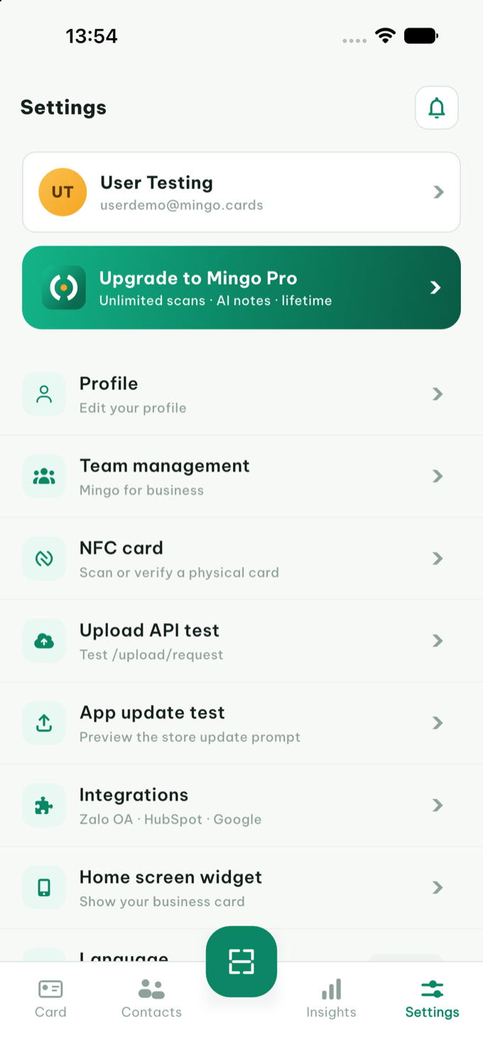 The Mingo Settings screen with the Profile row highlighted