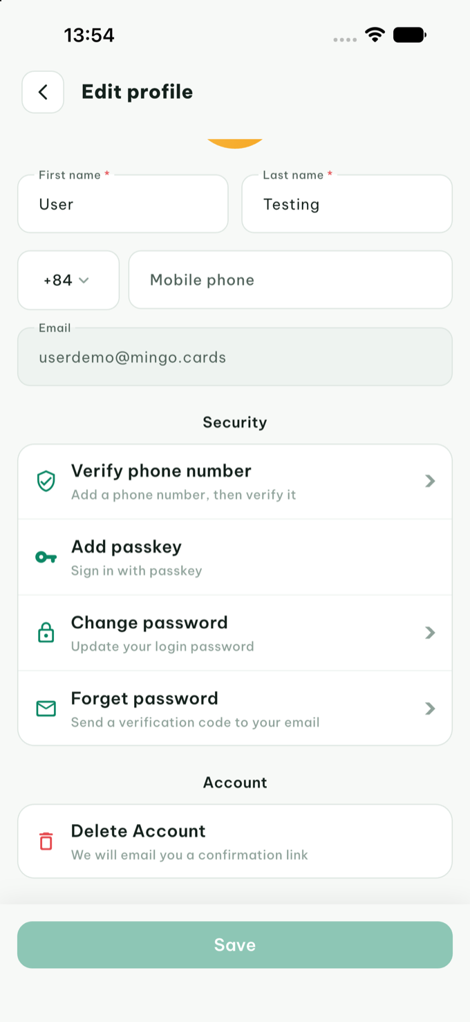 The Edit profile screen with the Delete Account option in the Account section