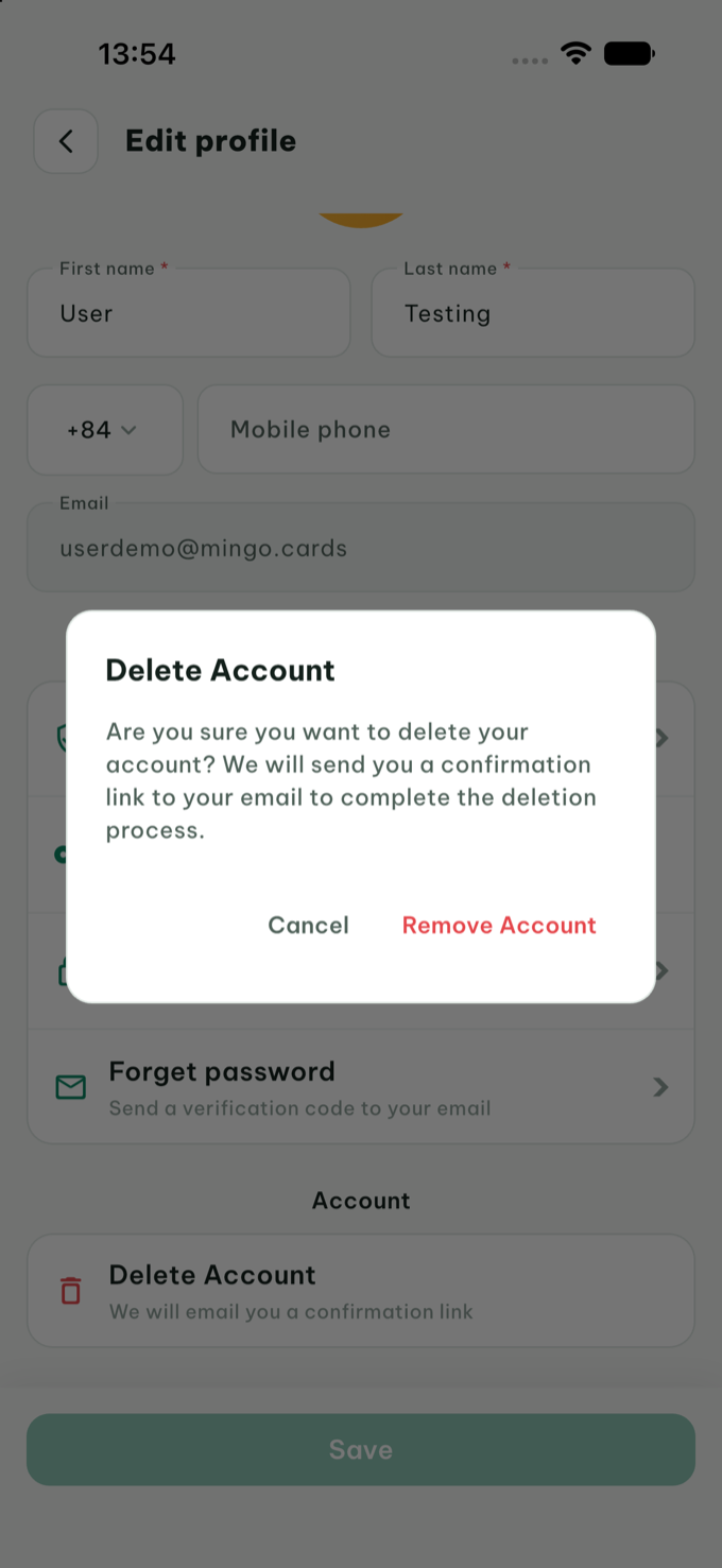 The Delete Account confirmation dialog with Cancel and Remove Account buttons
