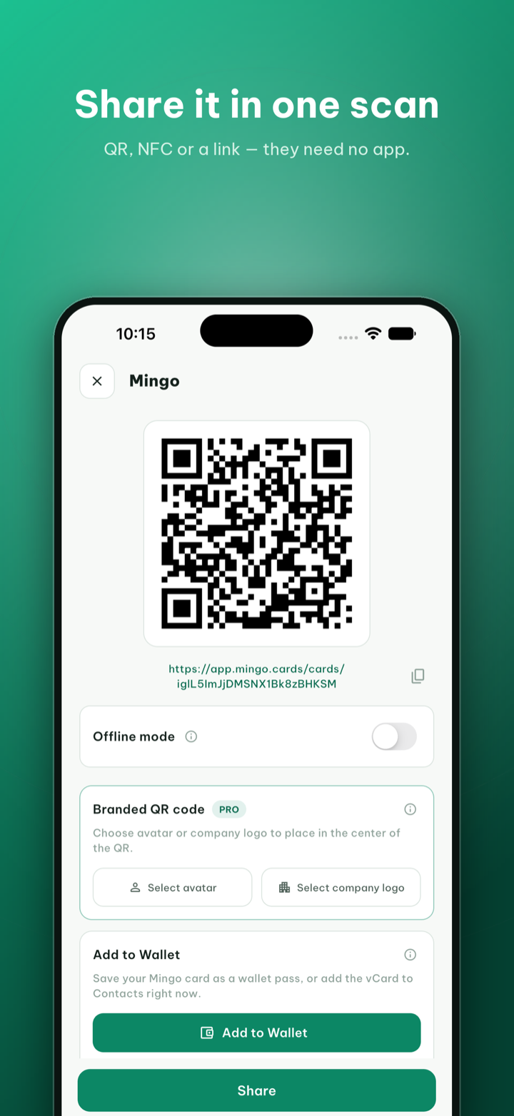 Share your Mingo card by QR — the other person needs no app