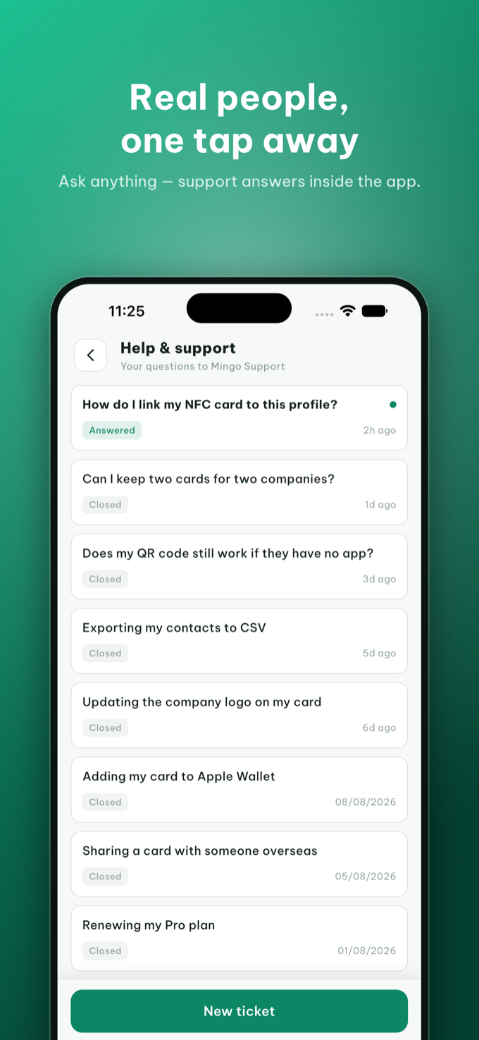 The Help & support screen listing your questions with Answered and Closed statuses