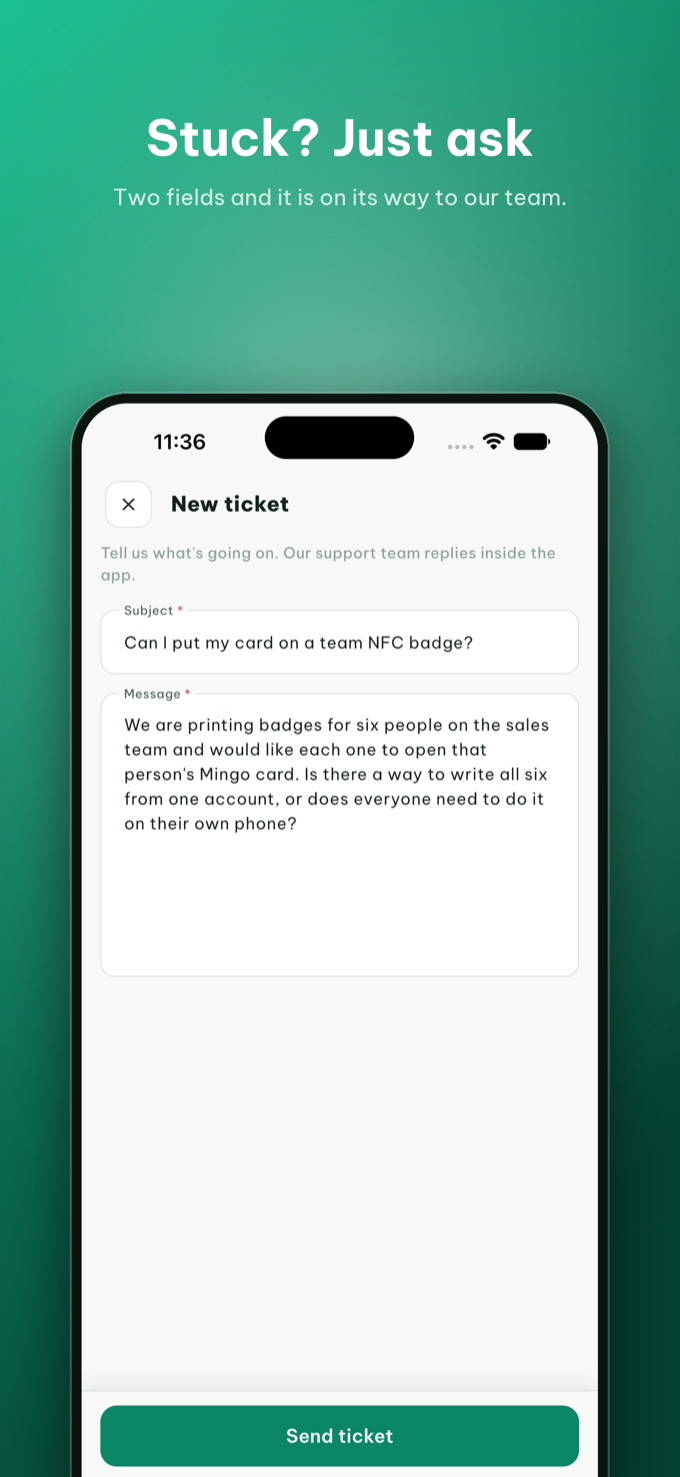 Creating a new support ticket in the Mingo app