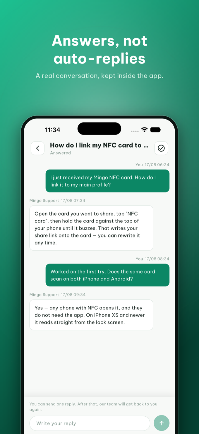 A support conversation thread inside the Mingo app